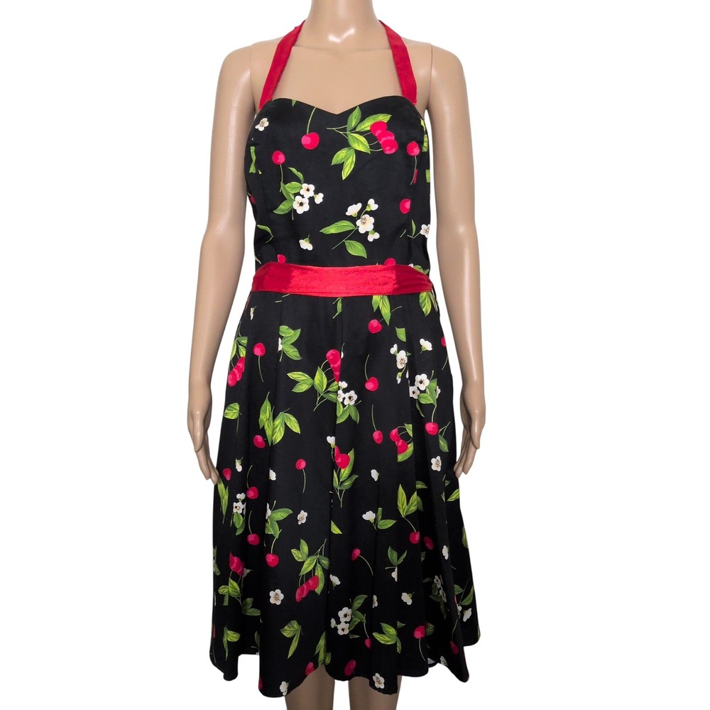 Hearts & Roses London Black Cherry Print Halter Swing Dress XXL Rockabilly Retro